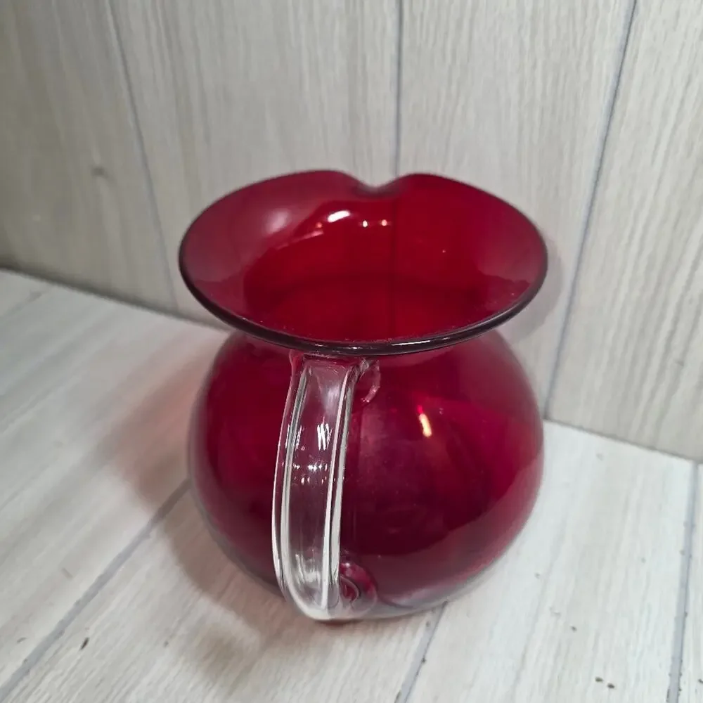 Vtg Hand-Blown Ruby Red Pitcher With Clear Handle Victorian 7